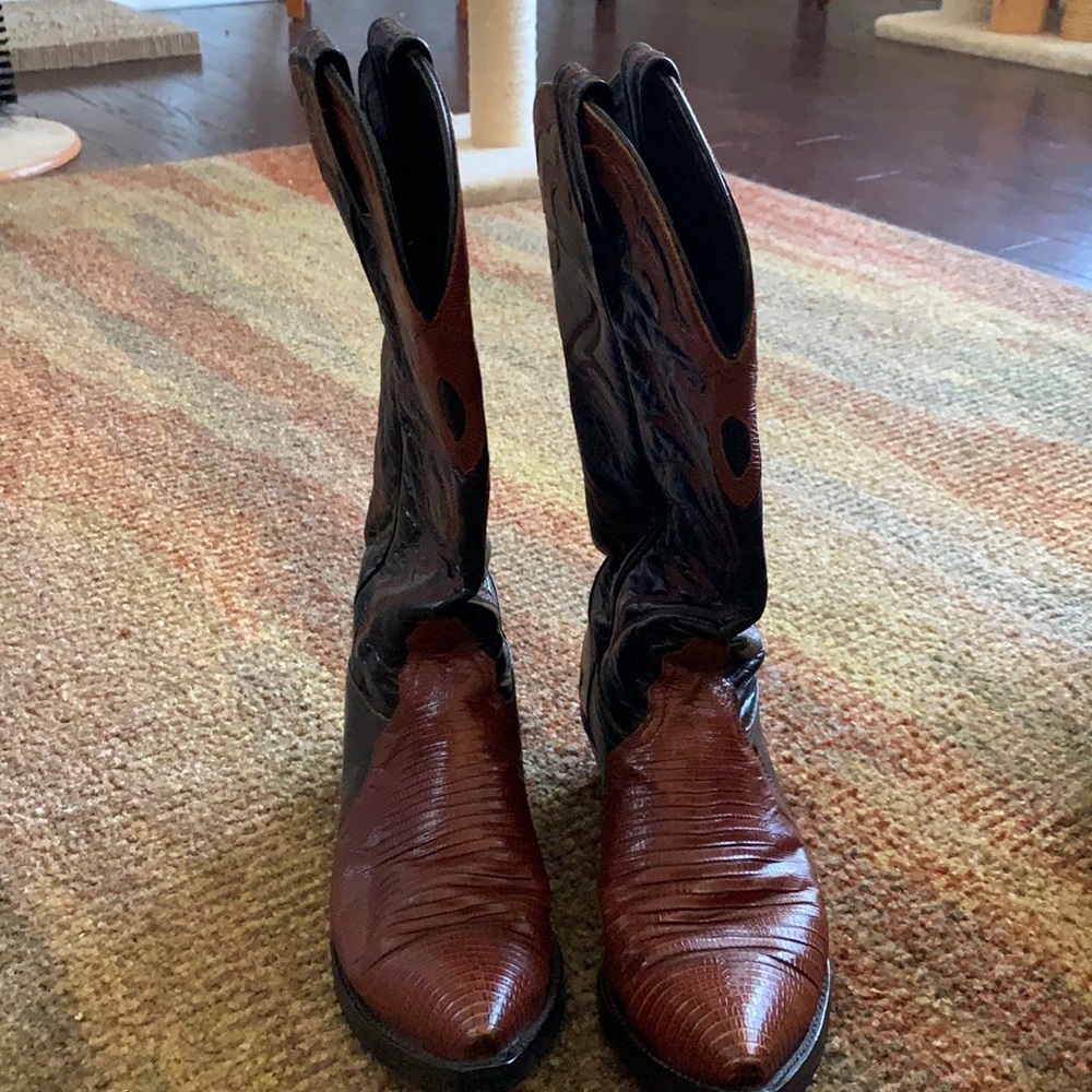 Brown/Black Cowboy Boots. Just came back from the shoe repair